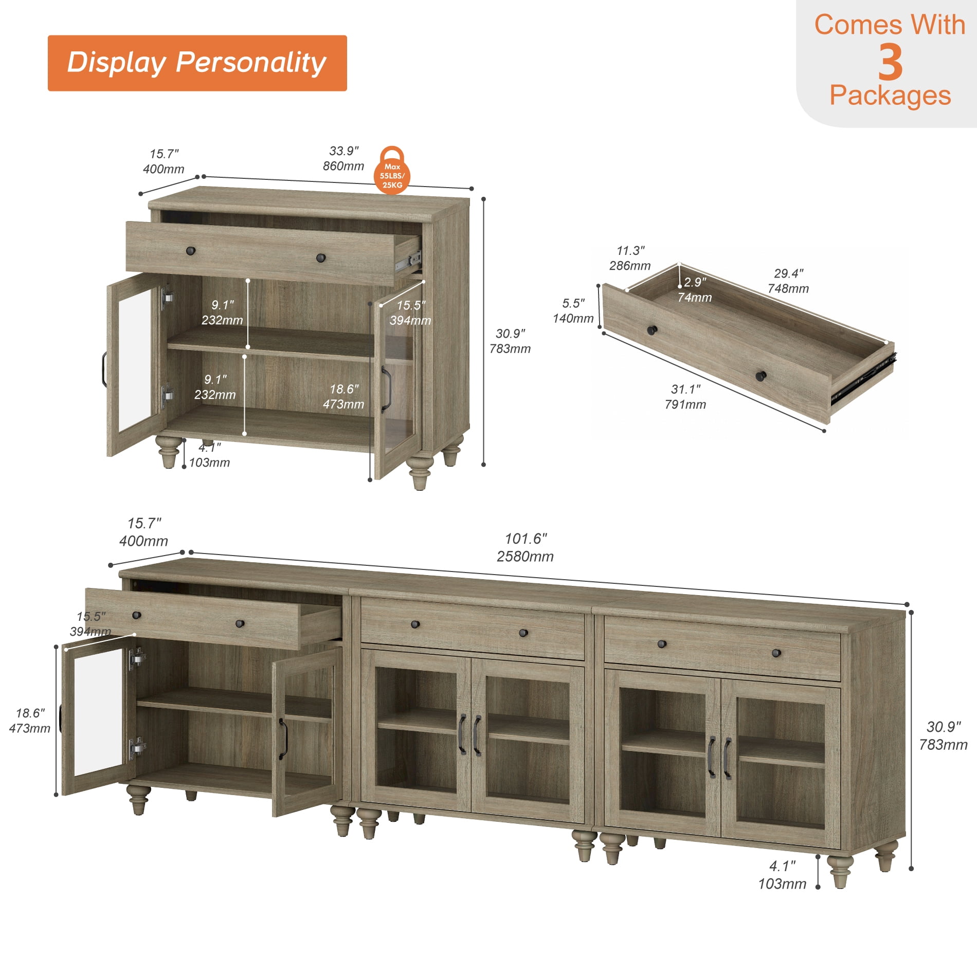 101" Wash Gray Glass Door Buffet Cabinet with Drawer, Farmhouse Sideboard with Storage