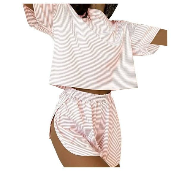 DHFJKG Womens Pajama Sets Striped Lightweight Sleepwear Short Sleeve Cropped Top Side Split Shorts 2 Piece Loungewear Cozy Nightwear