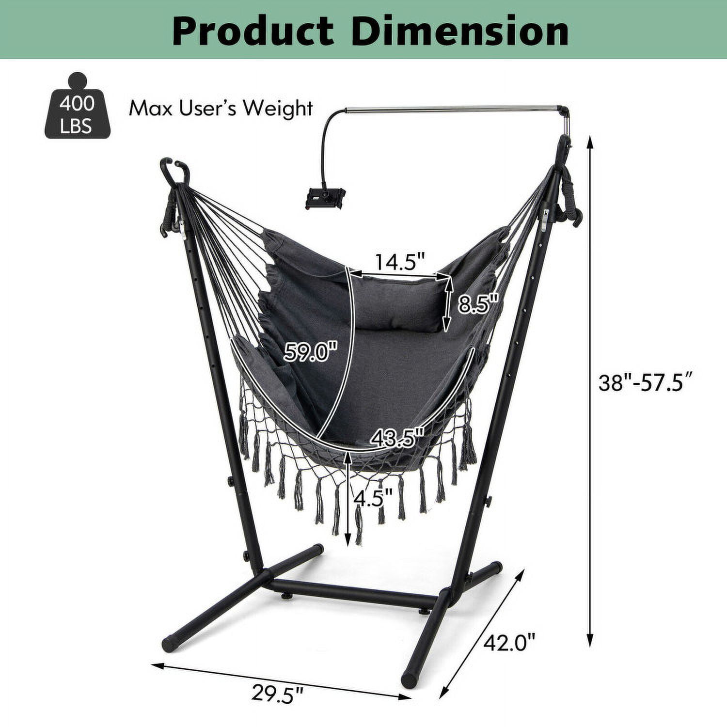 Aimee Lii Height Adjustable Hammock Chair with Phone Holder and Side Pocket, Comfy Outdoor Chair, Gray