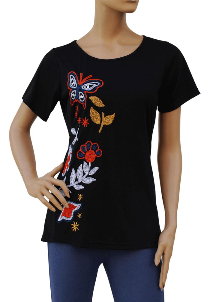 Embroidered Embroidery Floral Butterfly Stretch T-Shirt Top Tee Blouse ...