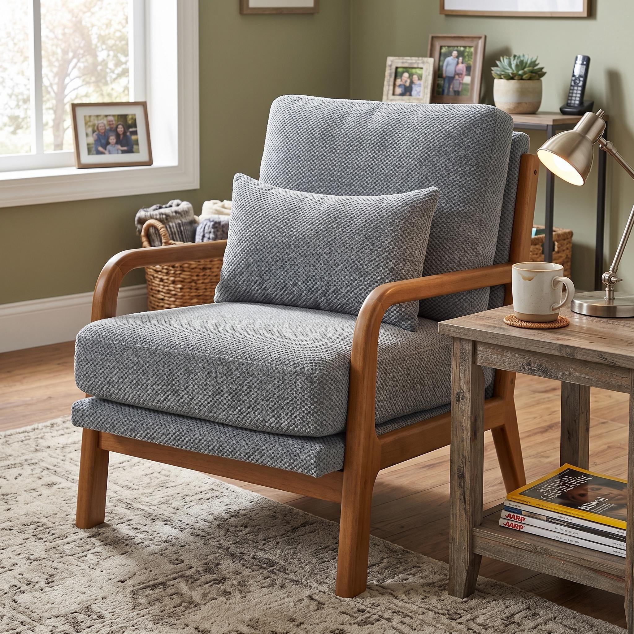 Homy Casa Mid-Century Modern Accent Chair, Textured Fabric Reading Armchair with Wood Frame, Gray