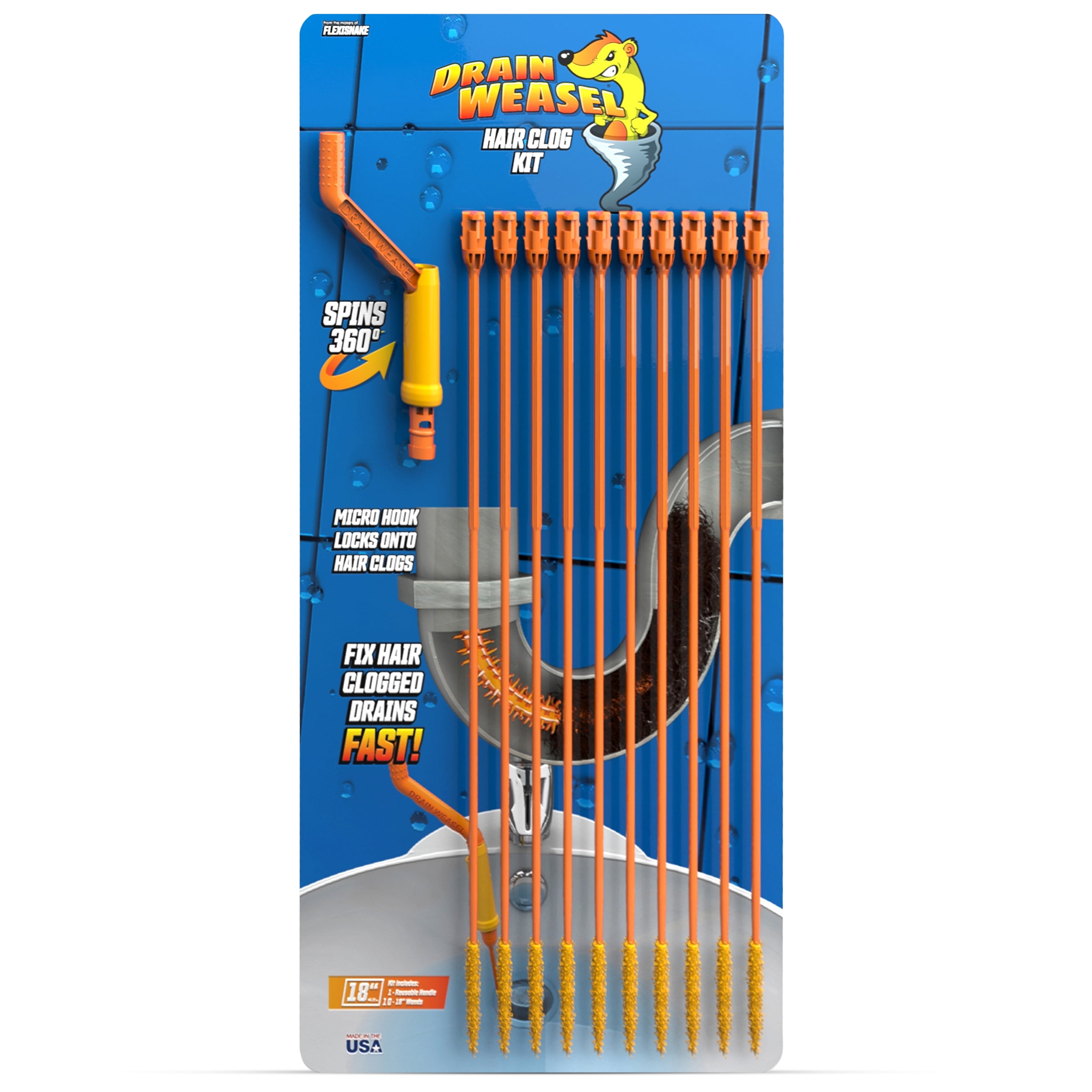 FlexiSnake Drain Weasel Snake Hair Clog Remover Plumbing Tools, 10 Pack