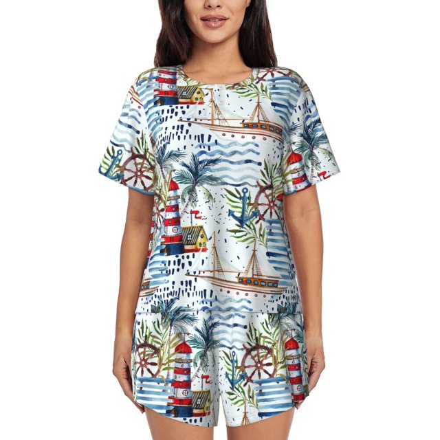 Balery Watercolor Sailboat Conjunto de Pijama para Mujer con Estampado, Dos Piezas de Manga Corta y Shorts, Ropa de Dormir Suave con Cuello Redondo y Bolsillos-XX-Large