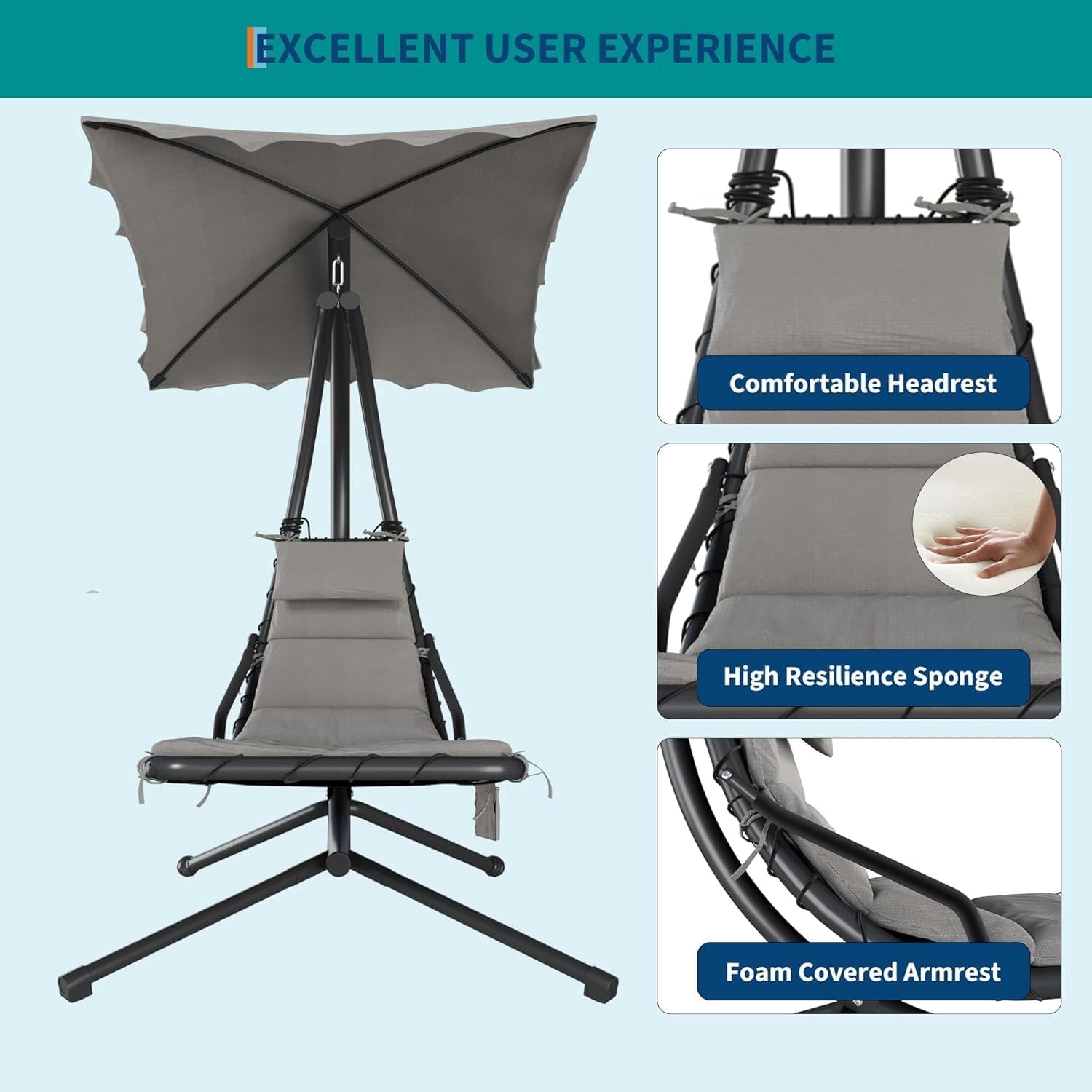 Senfot Dream Hammock, Iron + Cloth Cushion + Sunshade Canopy, Comfortable Outdoor Hammock for Backyard Gray