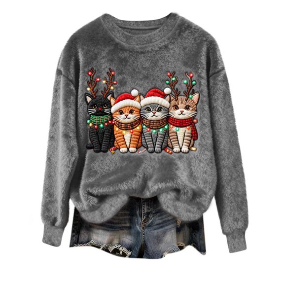 Women's Fuzzy Christmas Sweatshirt Long Sleeve Crewneck Print Holiday Pullover Top Gray-3 S