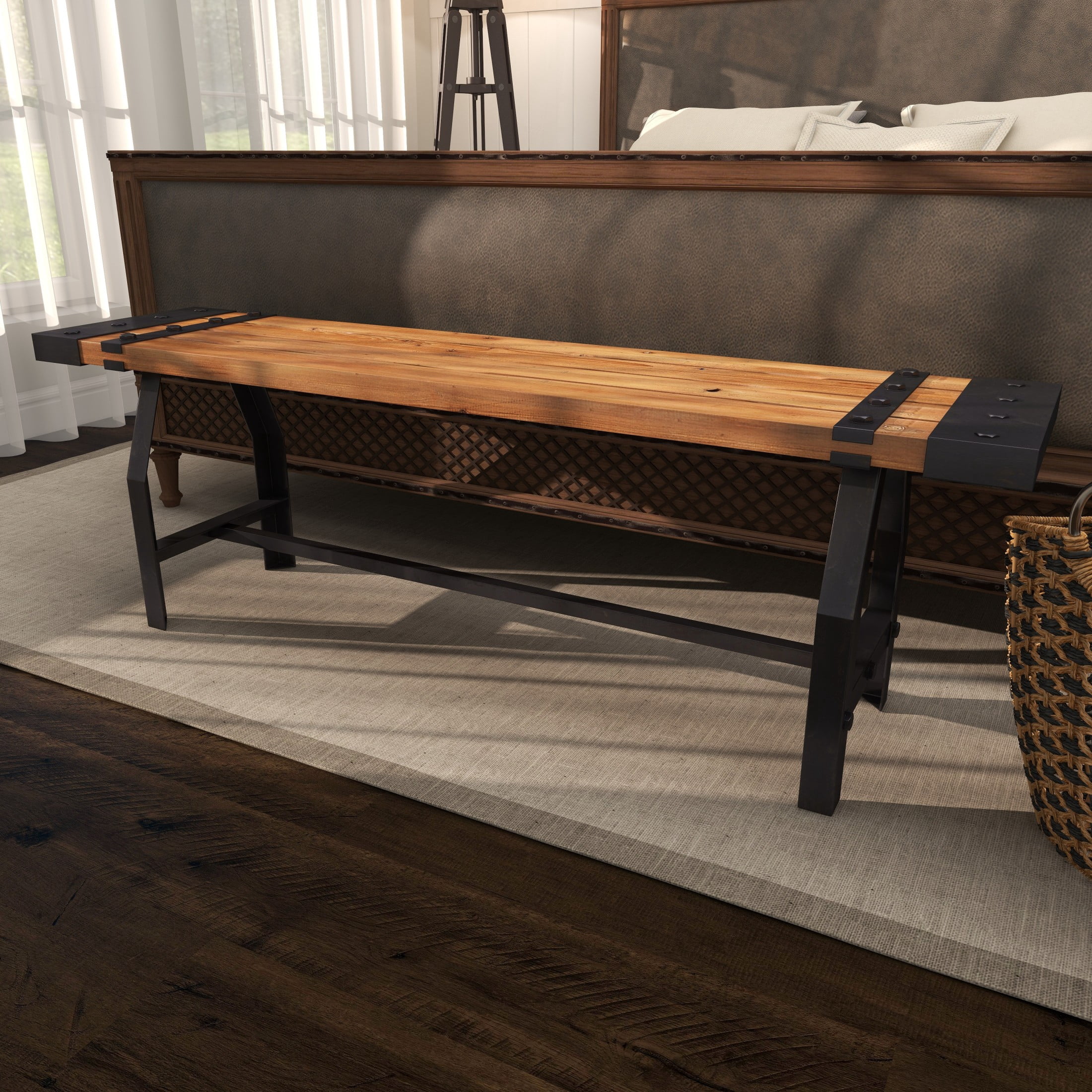 DecMode Wood Slatted Bench with Black Metal Base and Studs, Brown