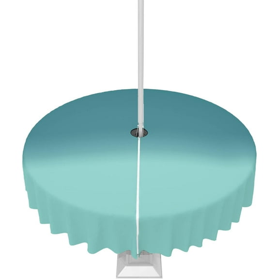 Outdoor Tablecloth Teal Ombre Round Patio Tablecloths 60 Inch, Waterproof Outside Table Cloths with Umbrella Hole and Zipper, Turquoise Summer Table Cover for Outdoor Tables Garden