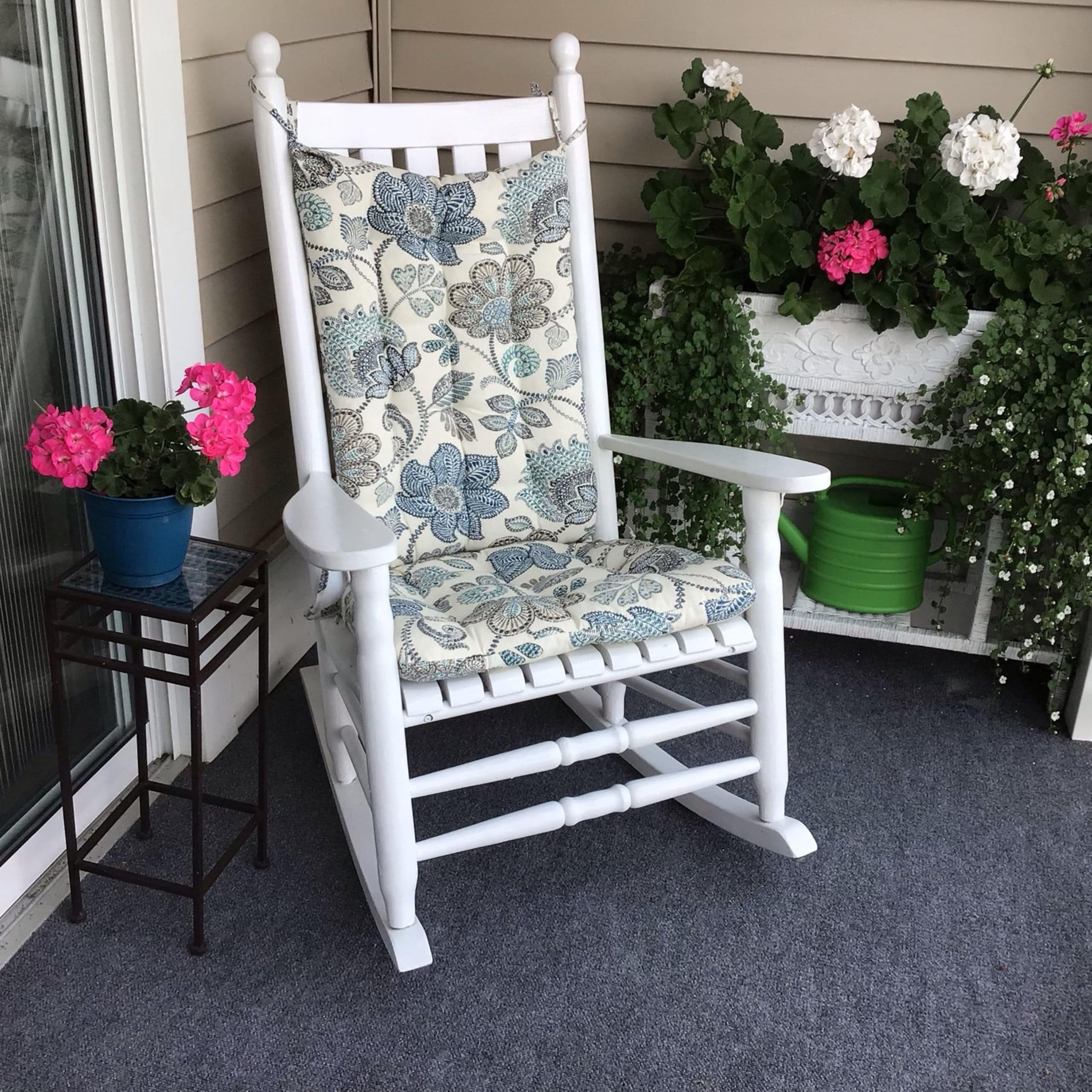 Barnett Home Decor Outdoor Rocking Chair Cushions – Boutique Blue Floral, Extra-Large Set Seat 19x19 & Back 18x23, Fade & Weather Resistant Porch Rocker Cushions