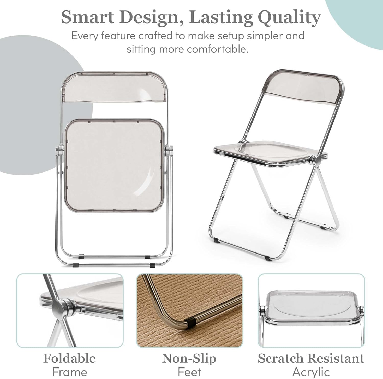 EventStable Clear Acrylic Folding Chair with Electroplate Chrome Frame, Lightweight Portable Seating Stackable Comfortable Chair for Indoor Outdoor Dining, Events & Parties - Clear - 4-Pack
