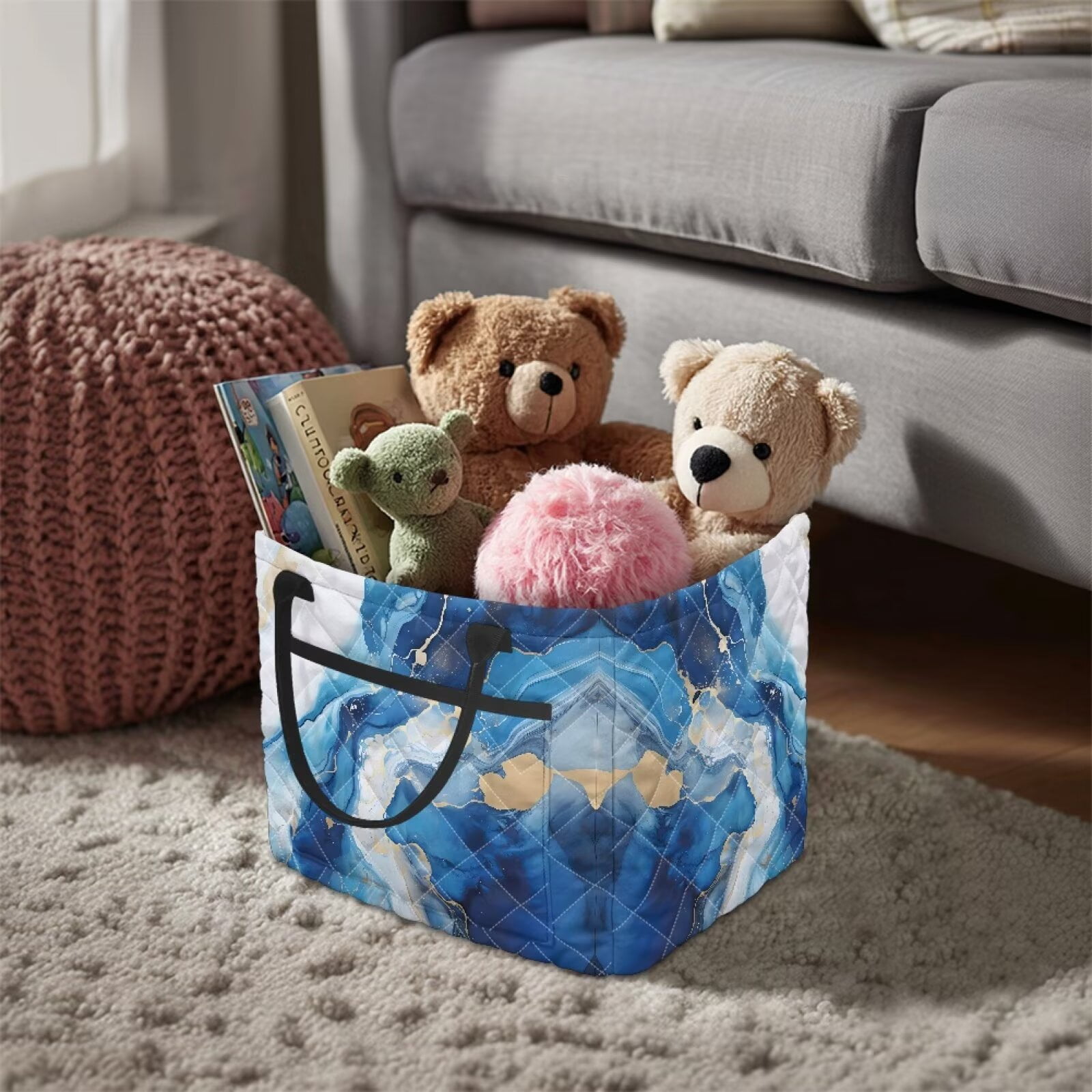 Yuyamidu Blue Marble Quilted Fabric Storage Basket with Handles Large Capacity Collapsible Laundry Hamper Nursery Organizer Bin for Home, Picnic, Shopping, Travel