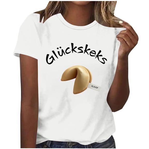 Levmjia Women's Graphic Round Neck T-Shirt, Funny German Text "Glückskeks" Print Tee, Casual Short Sleeve Summer Top, Soft Polyester Blend, Sizes XS-XL