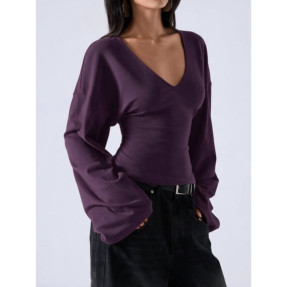 Women's Slimming Dark Purple V-Neck Pullover Batwing Sleeve Stretchy Long Sleeve Top for Fall Date Night Office Commute Layering