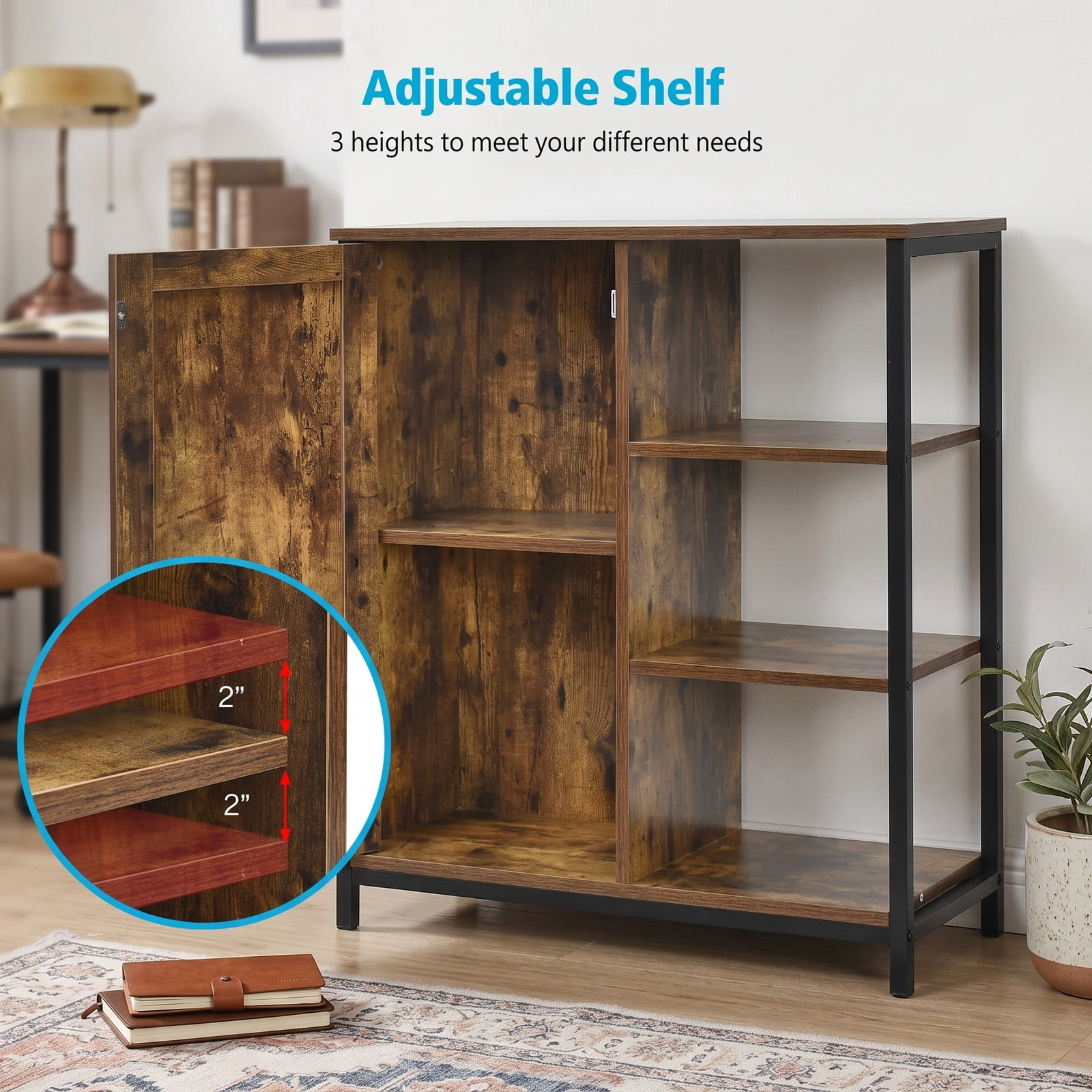 Furnibear Multipurpose Freestanding Storage Cabinet with 3 Open Shelves and 2 Doors, Industrial Wood Metal Accent Storage Cabinet for Living Room, Rustic Brown Black