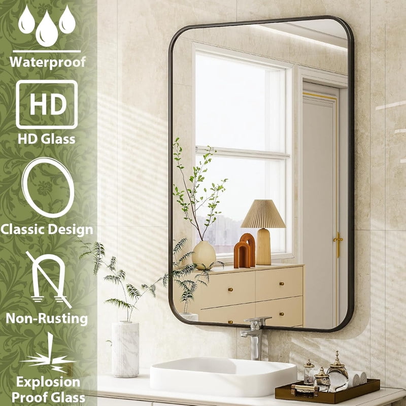 Clarvion 20"x28" Rounded Edge Rectangle Bathroom Mirror Wall Mounted Vanity Mirror,Black