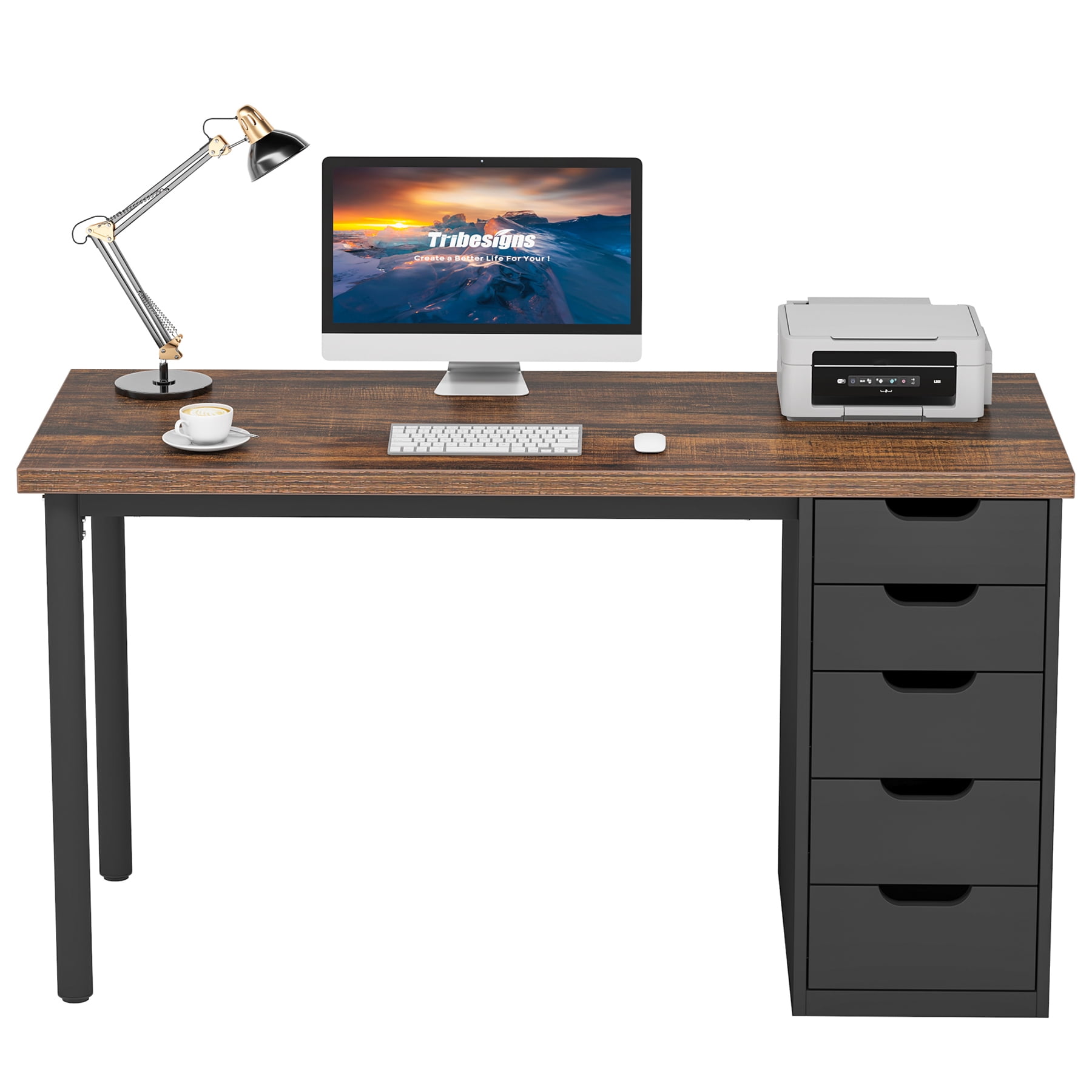 Fnova 47.24" Computer Desk with 5 Drawers, Reversible File Cabinet, Writing Workstation for Home Office Bedroom Study Makeup Vanity Desk Furniture
