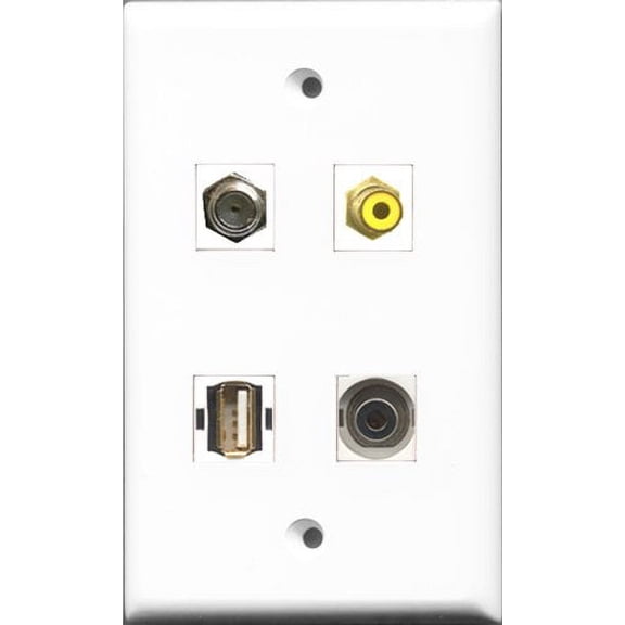 RiteAV 1 Port RCA Yellow and 1 Port Coax Cable TV- F-Type and 1 Port USB A-A and 1 Port 3.5mm Wall Plate