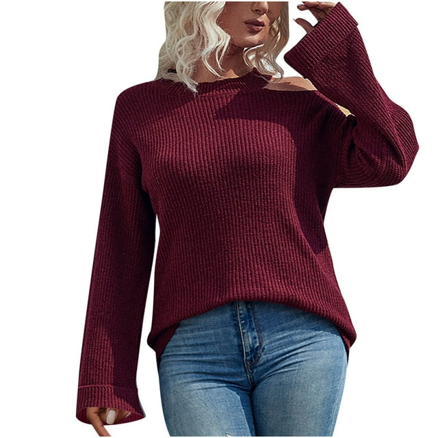 IROINID Women's One-Shoulder Pullover Sweater Solid Color Leisure Mid-Length Long Sleeve Sweater