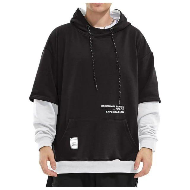 VBARHMQRT Work Hoodies for Men Men's Hooded Pullover Sweatshirt Spring and Autumn Casual Virtual 2 Piece Sweatshirt Jacket Men