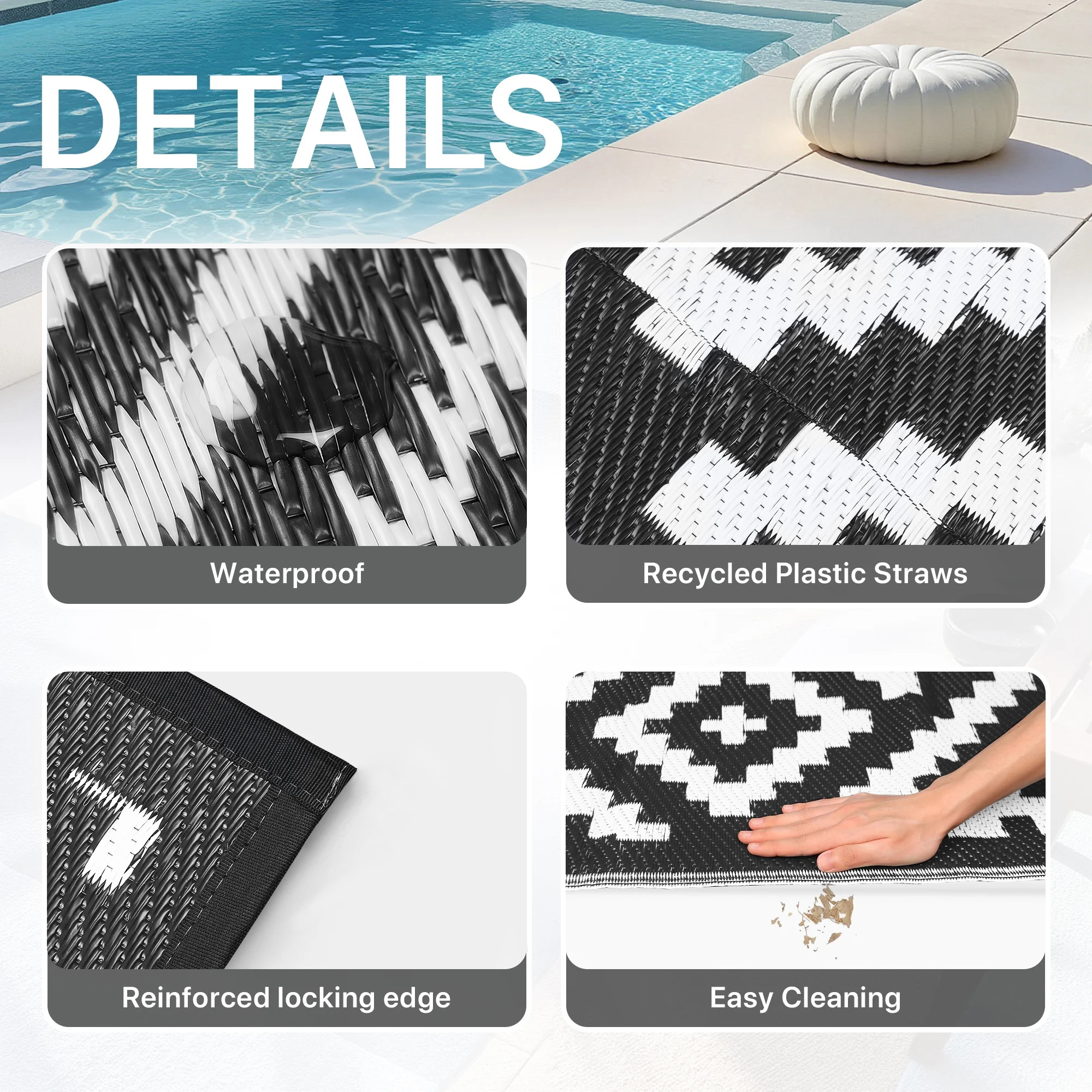 DEORAB 6'x9' Waterproof Reversible Outdoor Rug, Black & White photo 6