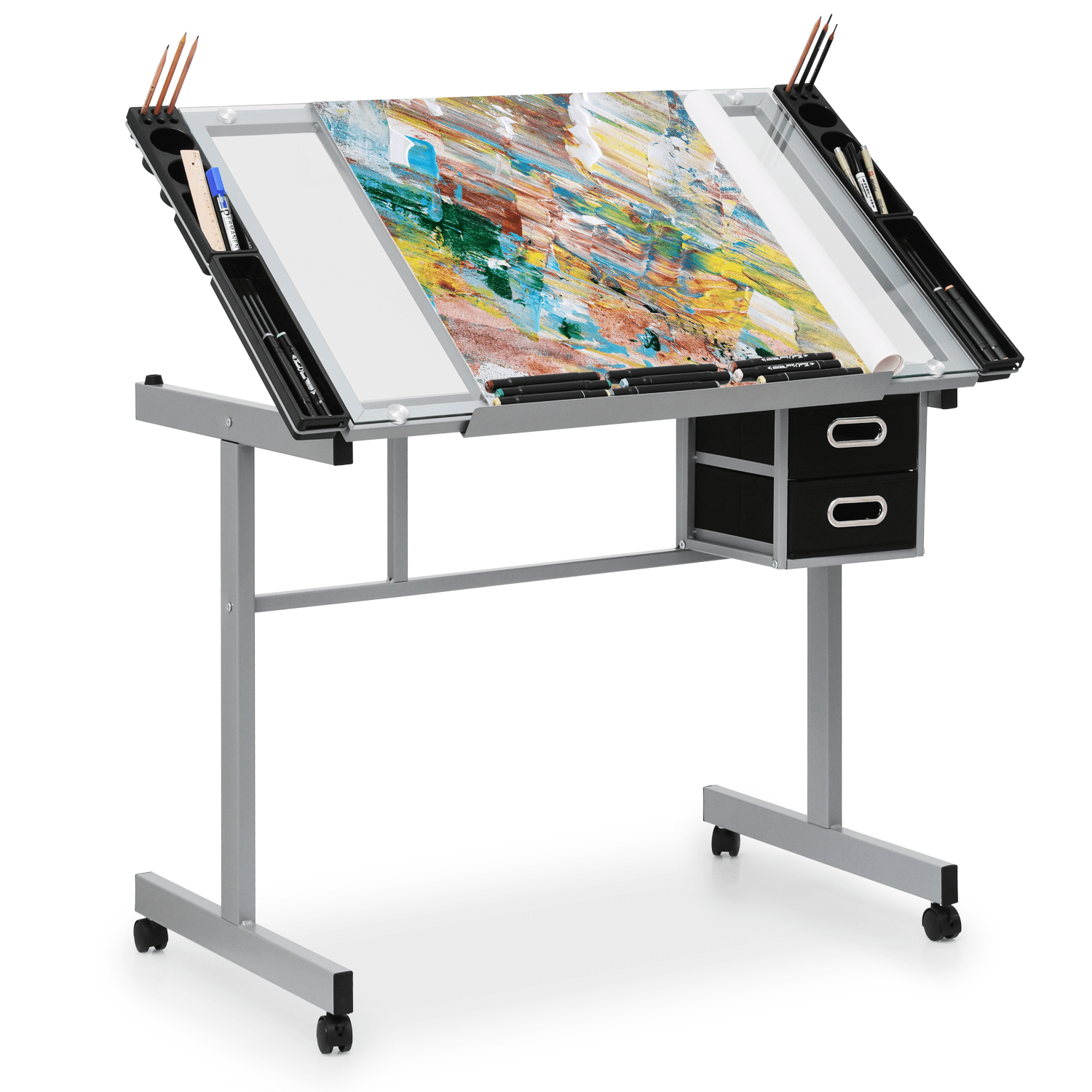 MoNiBloom Craft and Drawing Station, Transparent Tempered Glass Top Drafting Table with Dual
