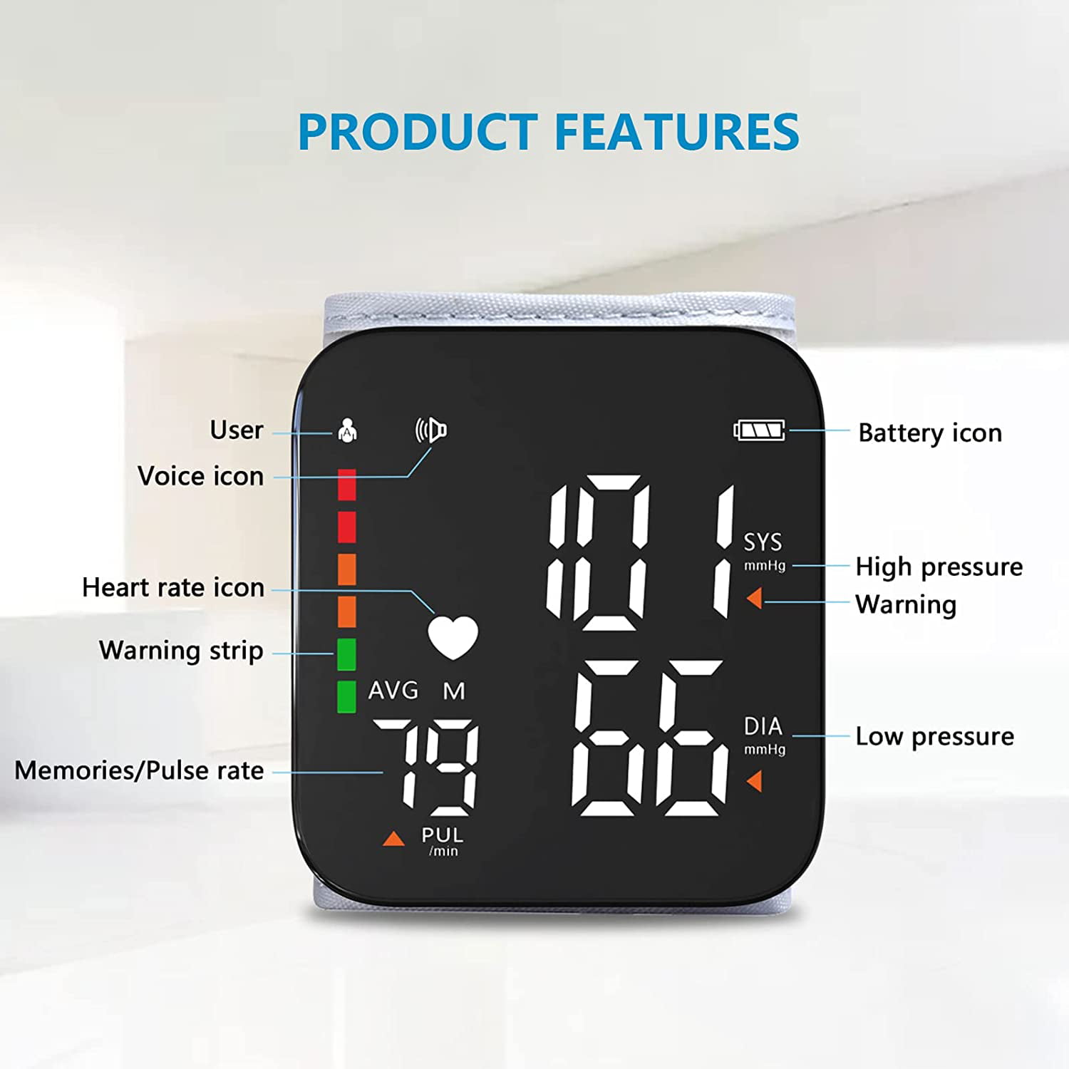 New LED Rechargeable Wrist Blood Pressure Monitor English / Russian /  Portuguese