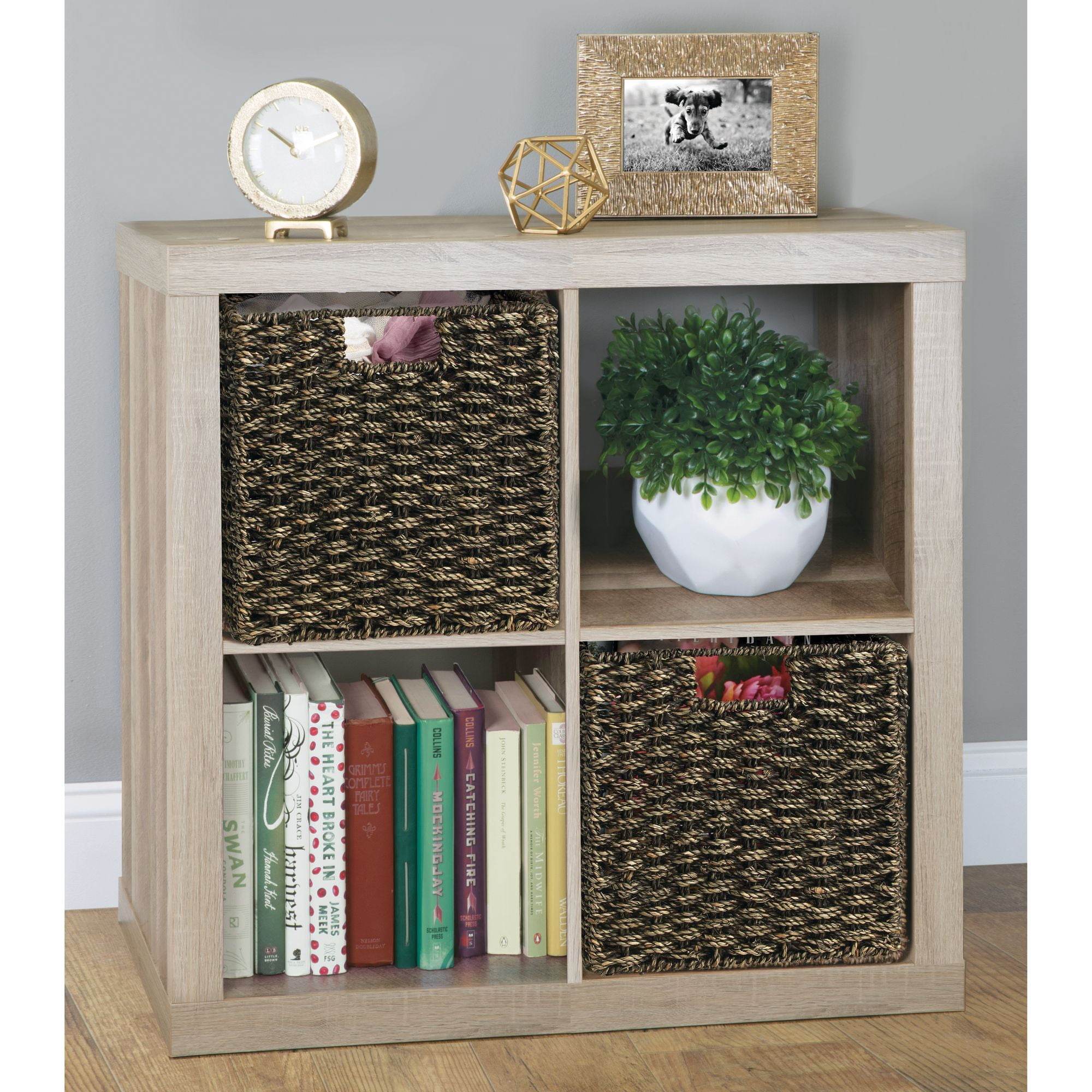 Seagrass Woven Cube Bin Basket Organizer with Handles for Bedroom, Home Office, Bathroom, Shelf and Cubby Organization
