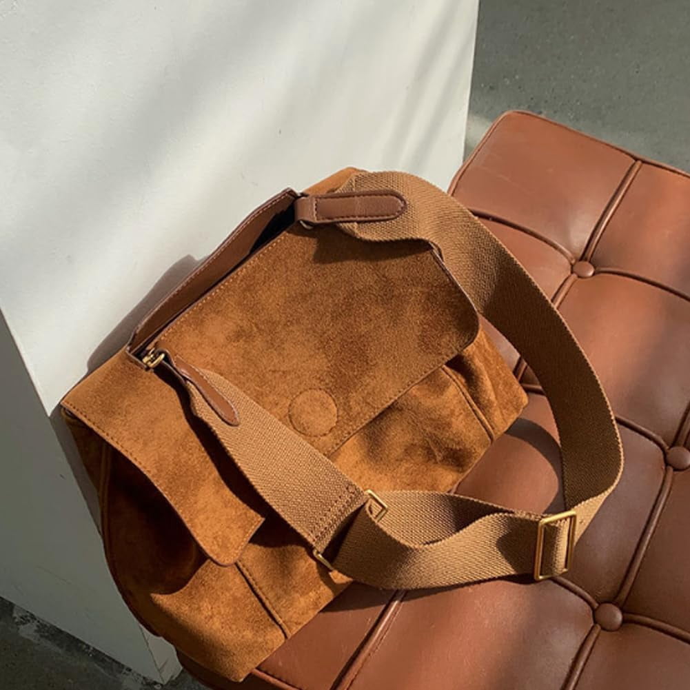 Municipal Suede Tote Bag Retro Work Bag Suede Shoulder Bag Crossbody Purse for Women Office Tote Handbag