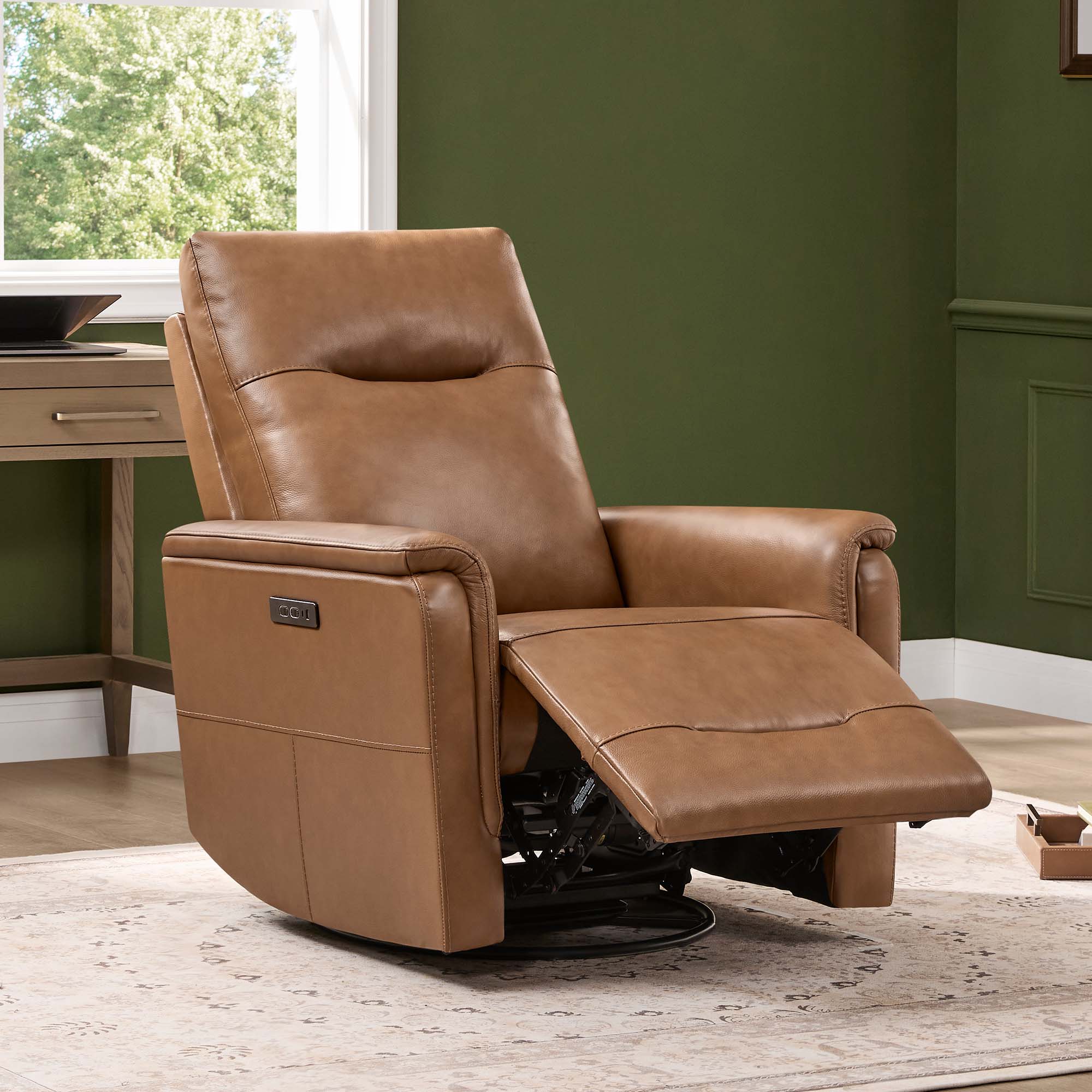 Spruce & Spring Genuine Leather Dual Motor Swivel Glider Recliner Chair, Saddle