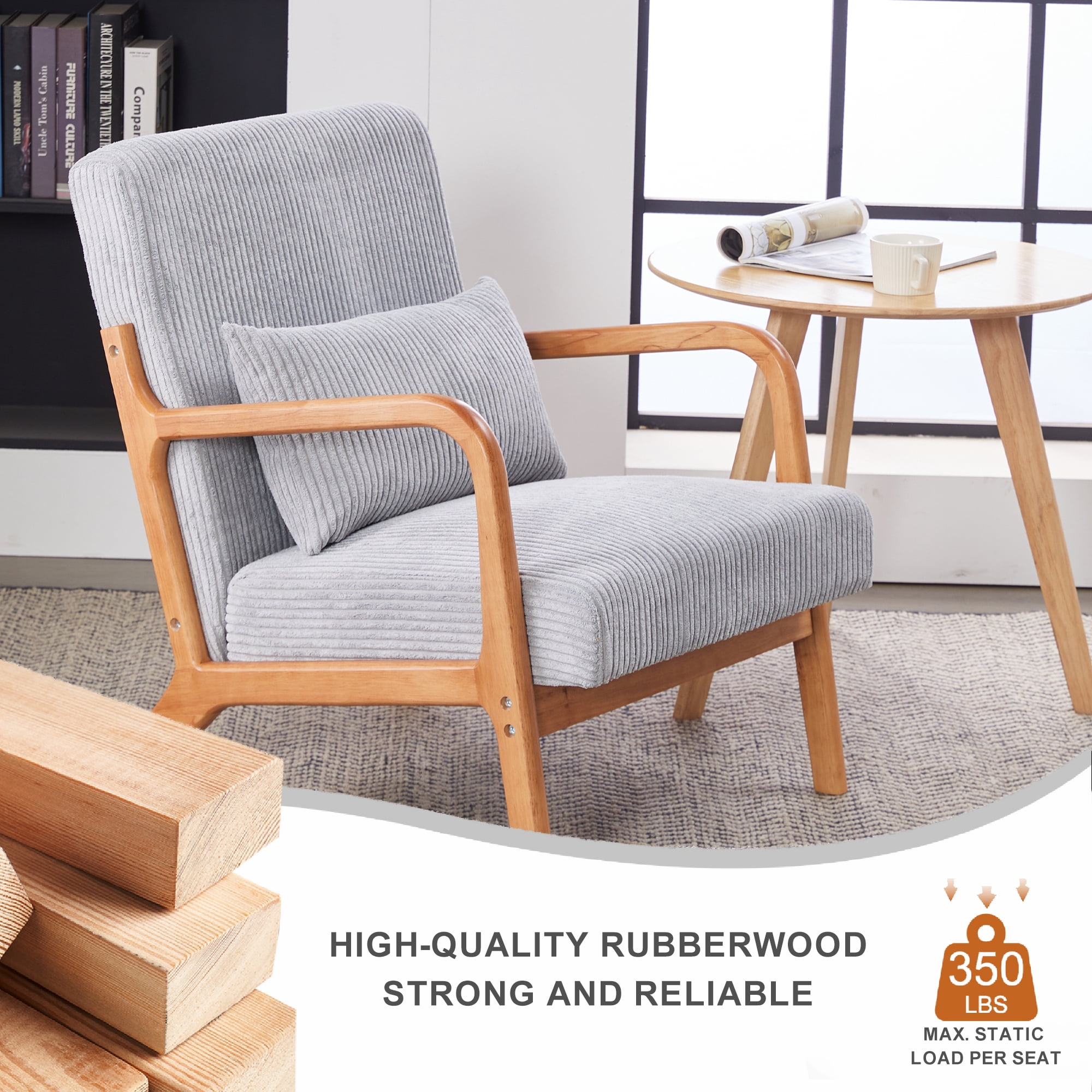 Leumius Modern Arm Chair Upholstered Reading Accent Chair with Pillow & Solid Wood Frame for Living Room Bedroom,Light Gray