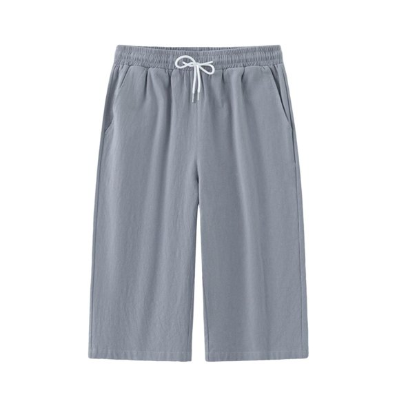 Admvng Capris Pants for Men Linen Solid Elastic Drawstring Waist Big & Tall Pocket Lightweight Casual Cropped Pants