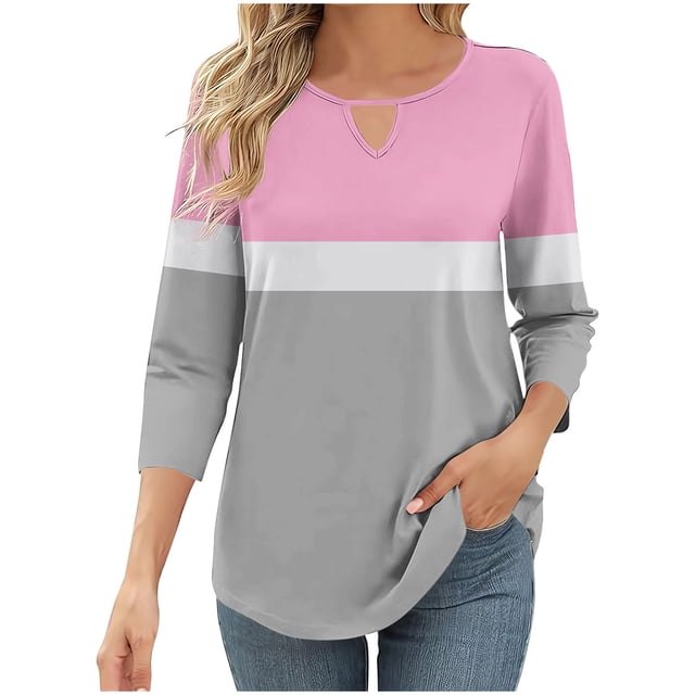 Timegard Womens Tops 3/4 Length Sleeve Keyhole Neck Block Color Blouse Casual Tunic Tops Tee Fashion