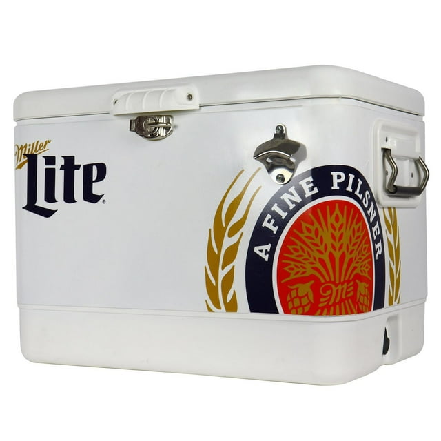 White Miller Lite 54-quart rustproof portable ice chest cooler featuring a built-in metal bottle opener, sturdy side handles, and branded logo for outdoor use.