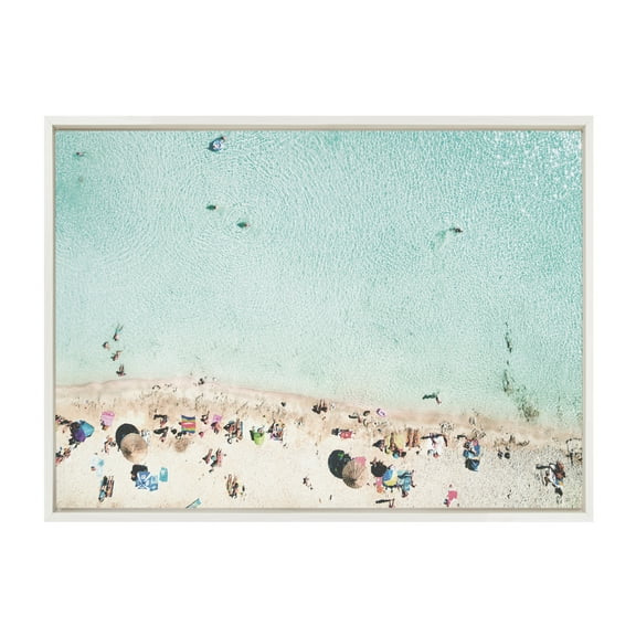 DesignOvation Sylvie Turquoise Beach From Above Framed Canvas Wall Art By Amy Peterson, 23x33 White, Beautiful Coastal Beach Home Decor