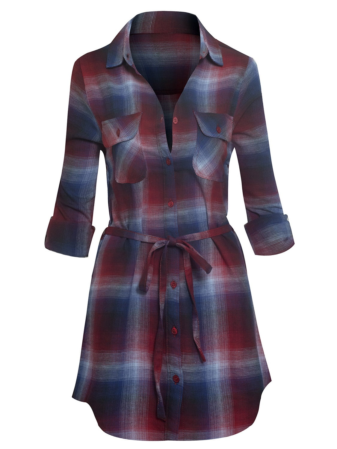 Women's Long Sleeve Button Down Plaid Flannel Belted Tunic Shirt Dress ...