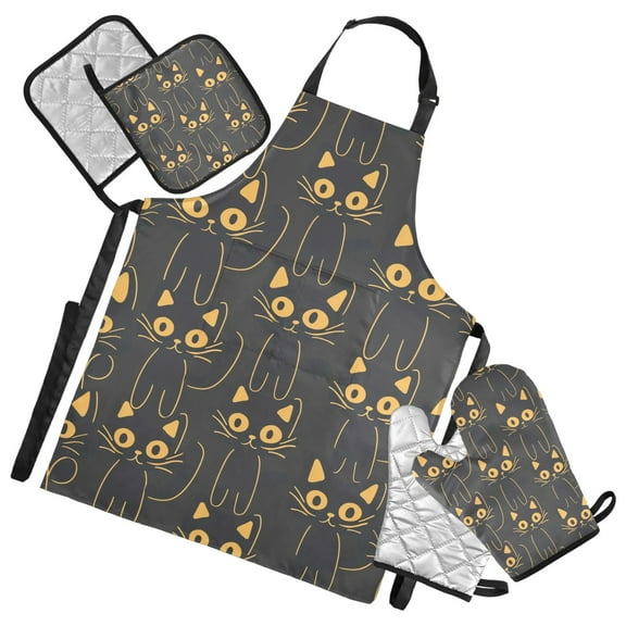 Black Cats Lines 5 Pcs Kitchen Set Heat Resistant Oven Mitts and Non-Slip Pot Holders with Adjustable Cooking Apron