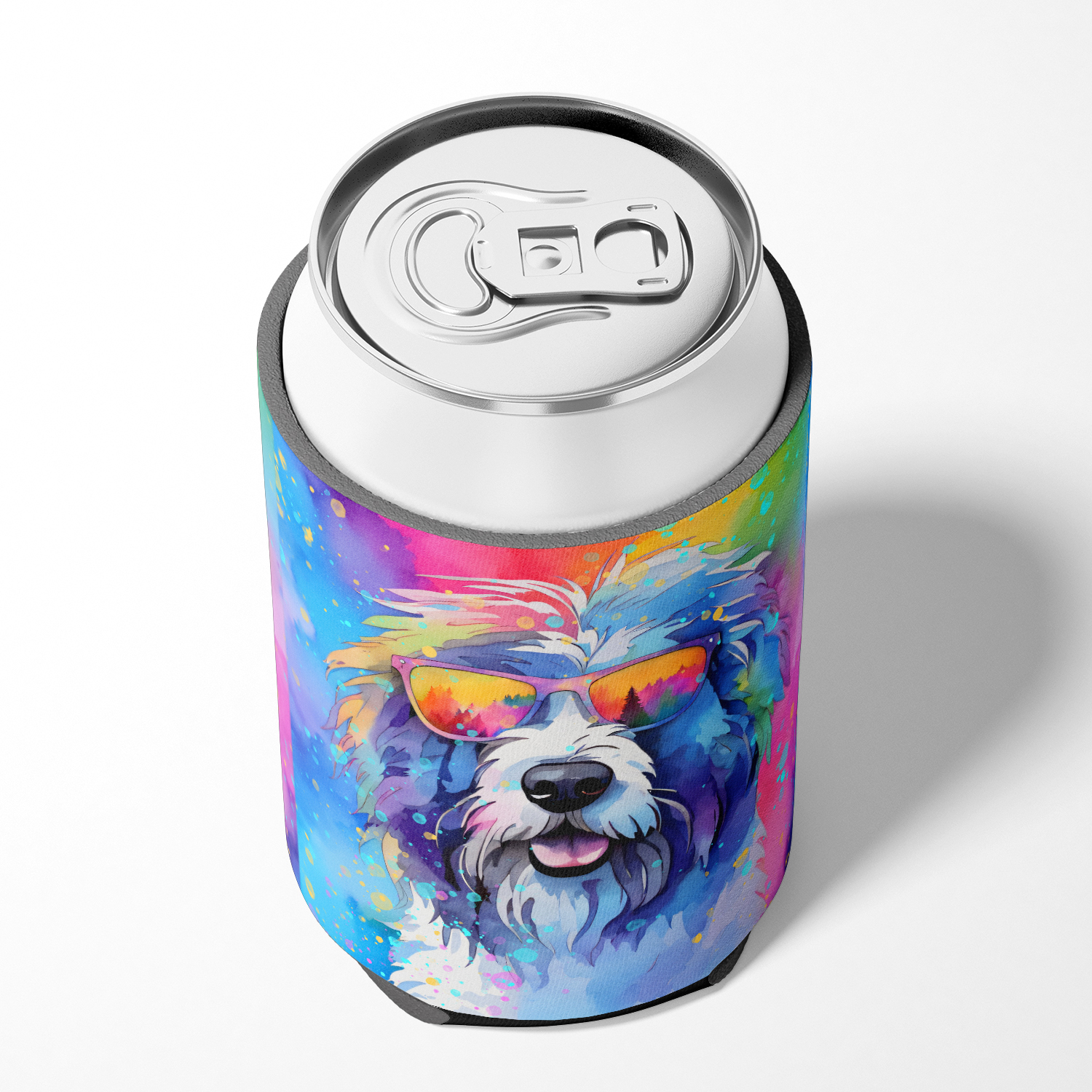 Old English Sheepdog Hippie Dawg Can or Bottle Hugger 3 in x 5 in