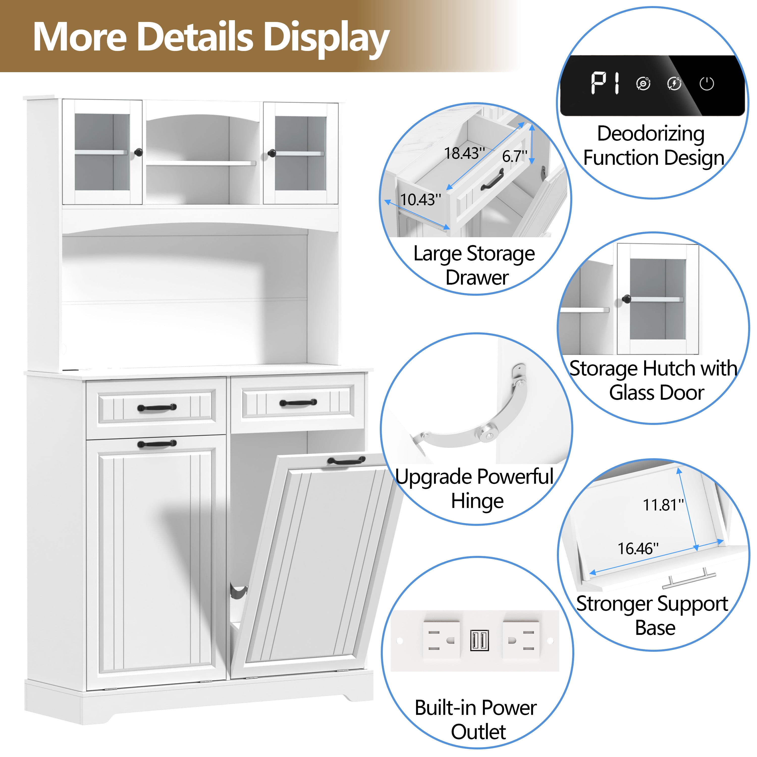 Double 13 Gallon Tilt Out Trash Can Cabinet with Deodorizing Function and Power Outlet, 71" Tall Wooden Garbage Can Holder Cabinet with 2 Storage Hutch & 2 Drawers for Kitchen and Dining Room, White