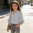 thumbnail image 3 of PiGOGI Girls Ruffle 3/4 Sleeve V-Neck Button Down Top Solid Color Soft Casual Blouse for Kids Gray 9Years, 3 of 8