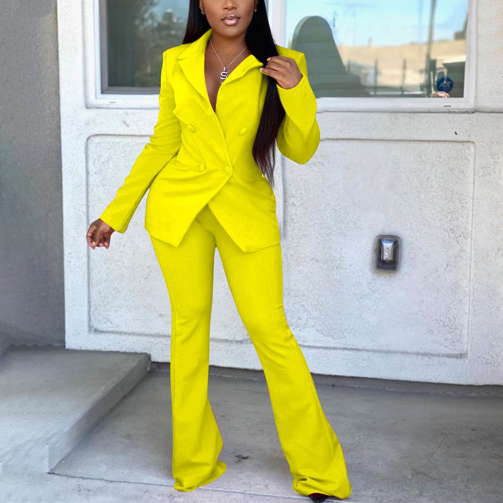 SELONE Blazer Jackets for Women 2 Piece Outfits Plus Size ’s Fashion Casual  Loose Solid Color Suit Suit Office Two-piece Suit 11-Yellow XXL