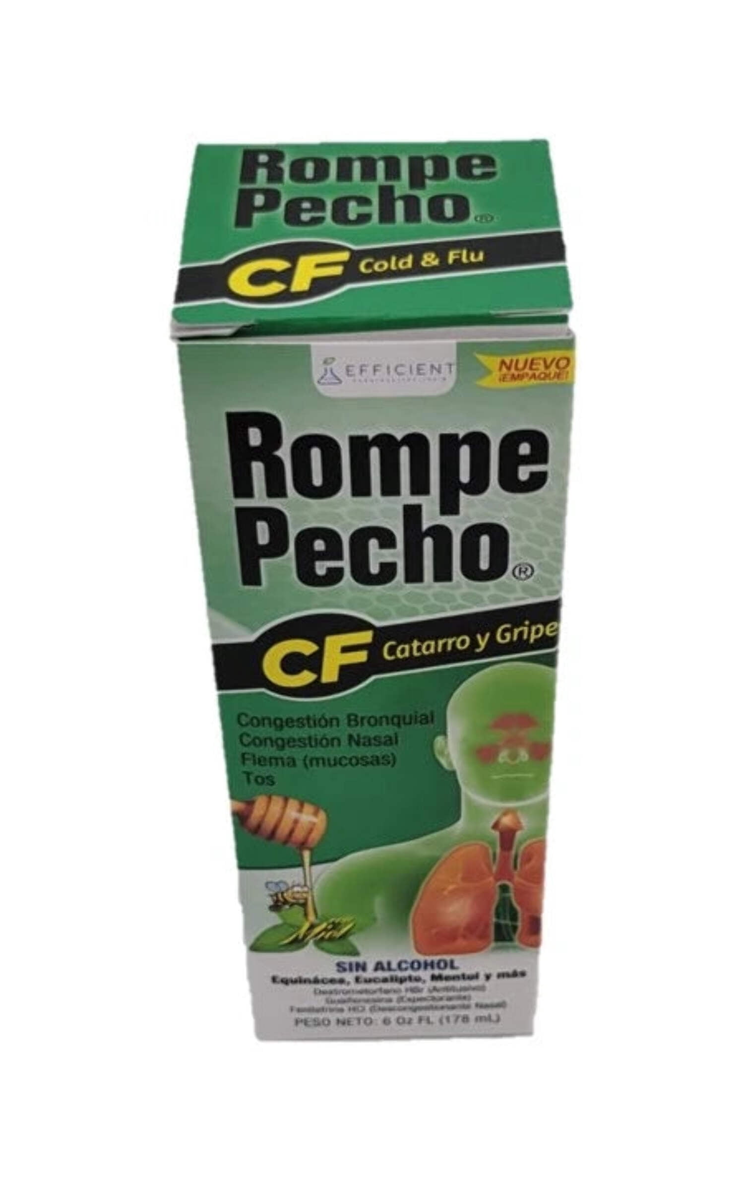 Rompe Pecho CF Cold & Flu Multi-Symptom Relief Syrup, Dextromethorphan HBr & Antihistamine, Honey Flavor, Alcohol-Free, 6 fl oz