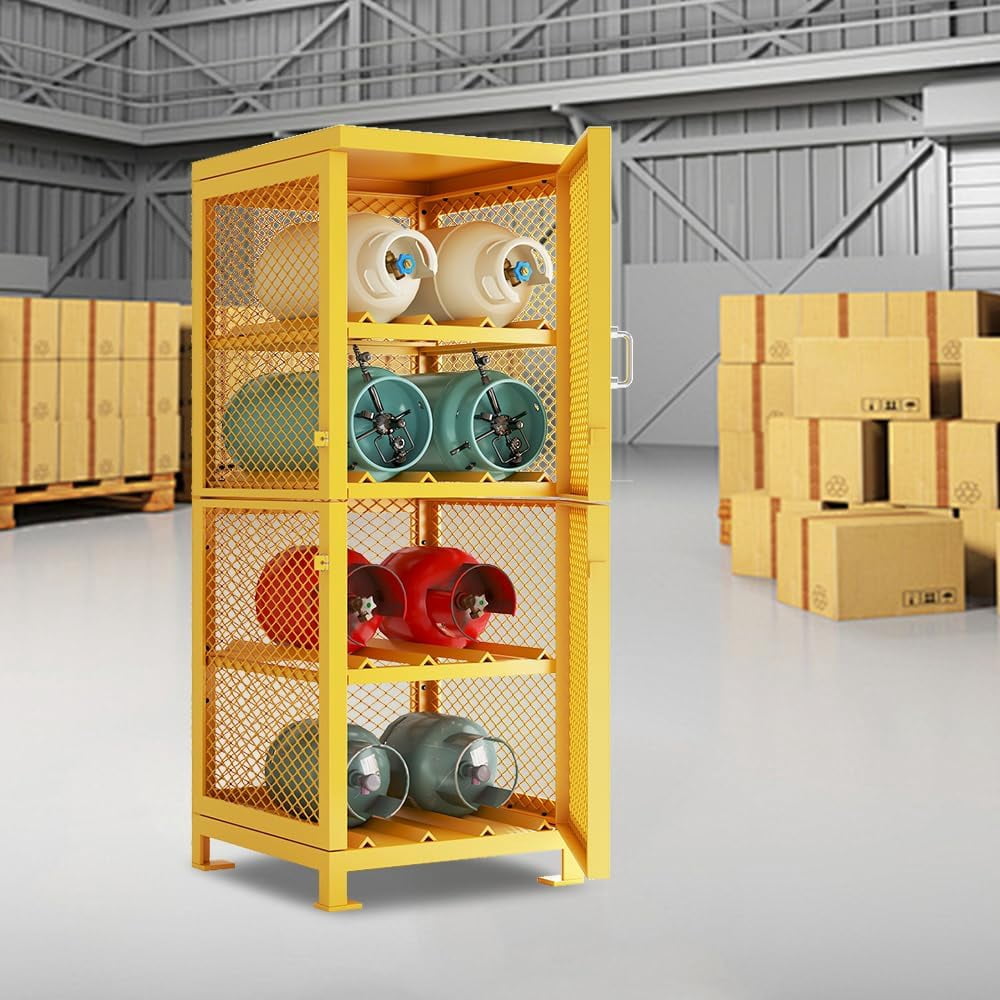 Yeeoy Horizontal Cylinder Storage Cabinet, 8 Cylinder Capacity, 30" L x 30" W x 71.7" H Propane Tank Storage Cage, Steel Safety Gas Cylinder Cabinet with Lockable Doors, Yellow Powder Coat Finish