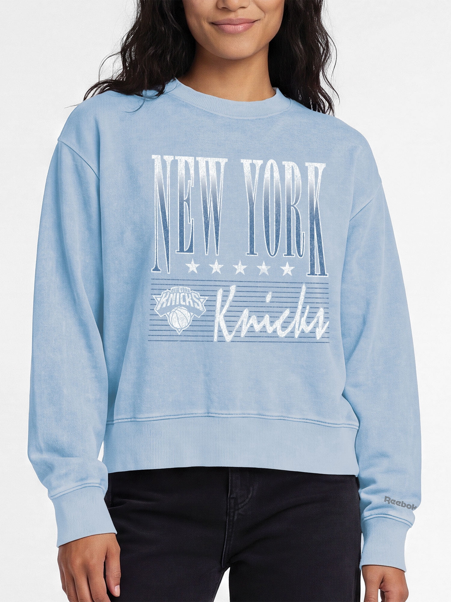 New York Knicks Reebok Womens Denim Wash Mock Neck Sweatshirt