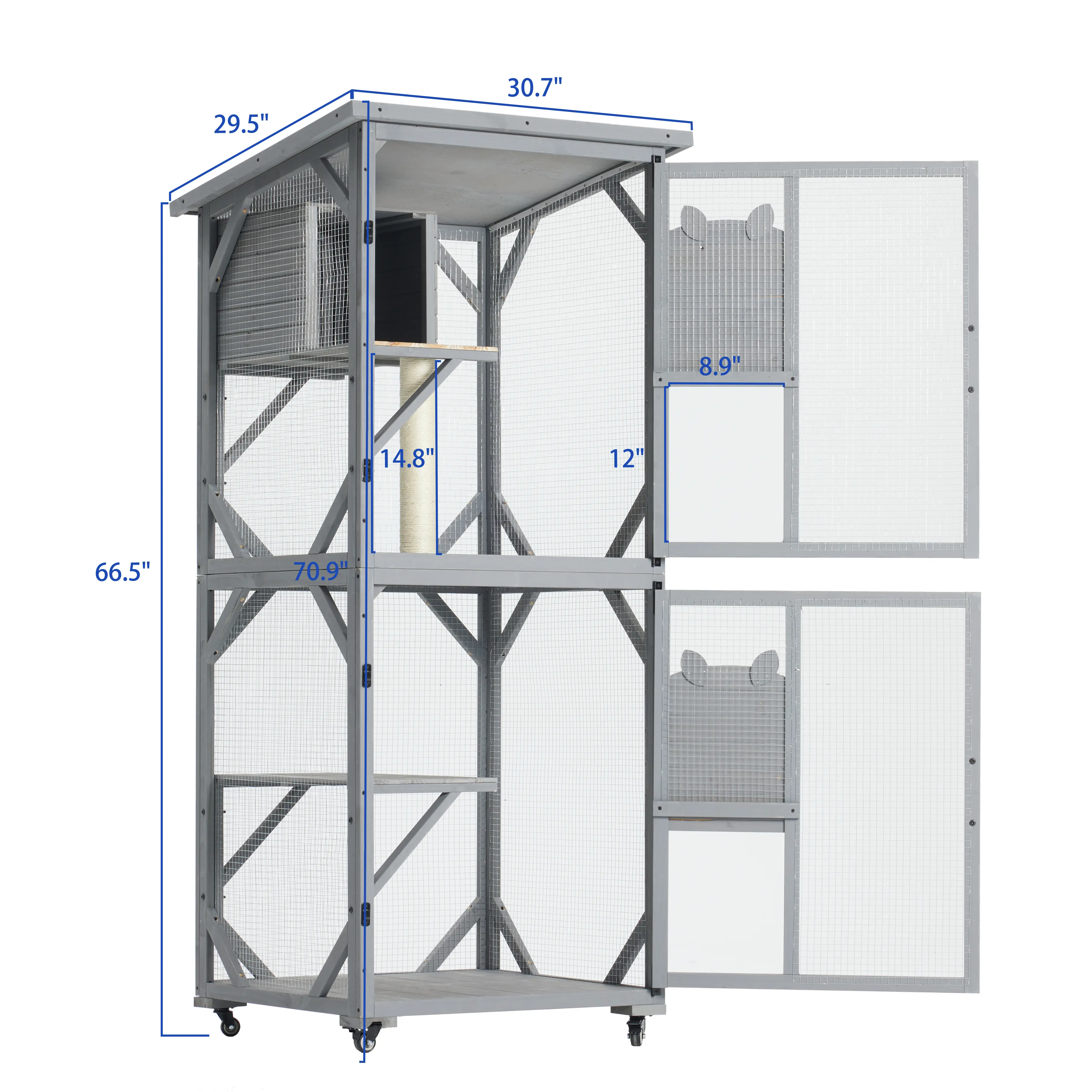 Aukfa 30.7" Wooden Catio Outdoor Pet Large Cat House with Waterproof Top & Wheels for Mulitiple Cats Walk in Cat Cage,Gray