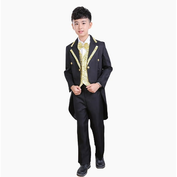 Rolanko 6 Piece Boys' Classic Tuxedo with Tail Formal Suits Wedding Ring Bearer Outfit Tailcoat Jacket, Vest, Pants, Shirt, Bowtie and Waistband