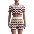 thumbnail image 2 of CORIRESHA Conjunto de 2 piezas de punto de ganchillo para mujer, a rayas, con botones festoneados, pantalones cortos, conjuntos de verano, 2 of 3