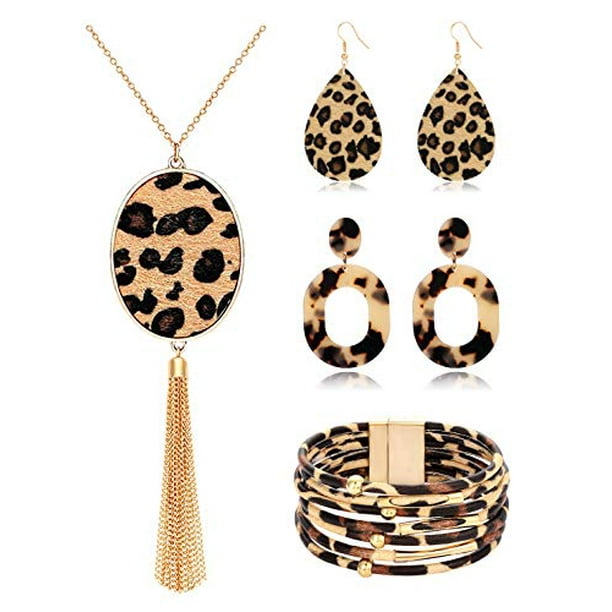 Leopard Jewelry Set for Women Animal Print Long Tas ssel Pendant Necklaces Acrylic Drop Dangle Earring Cheetah Wrap Bangle Bracelet for Girls (Style A) Leopard Jewelry Set for Women Animal Print Long Tas ssel Pendant Necklaces Acrylic Drop Dangle Earring Cheetah Wrap Bangle Bracelet for Girls (Style A)