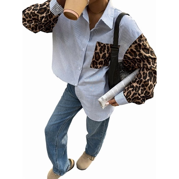 Women'S Cheetah Print Button Down Shirt Striped Color Block Long Sleeve Button Up Dressy Blouse Tops Blue L