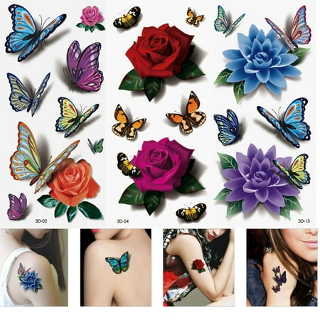 3 Feuille étanche tatouages ​​temporaires 3D Papillon Fleur Faux tatouages ​​autocollants
