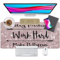 Motivational Mouse Pad - Stay Positive Work Hard Make It Happen Mousepad, Large Non-Slip Rubber with Stitched Edges Desk Mouse mat for Computer, Laptop, Office, Home - Pink (31.5x15.7 in)