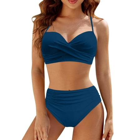 High Waisted Bikini Sets For Women Cheeky Twist High Waisted Bikini Sexy Push Up Womens Bathing Suits 2 Piece Swimsuits Halter Bikini Sets For Women #09 Blue M
